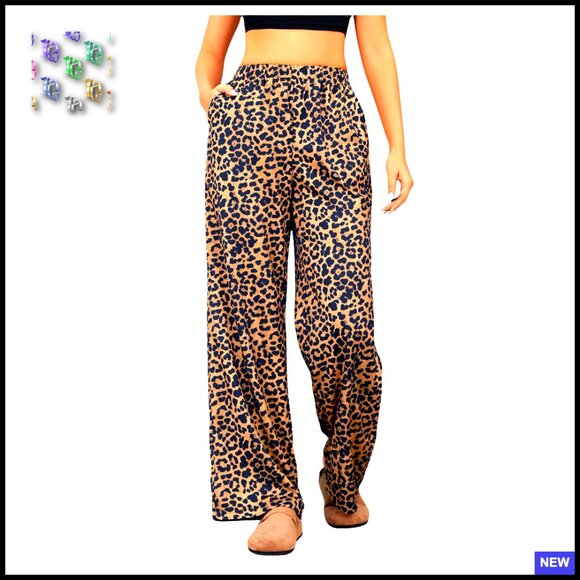 Pants - Leopard Print Wide Leg Palazzo Pants Elastic High Waist Casual Chic Y2K